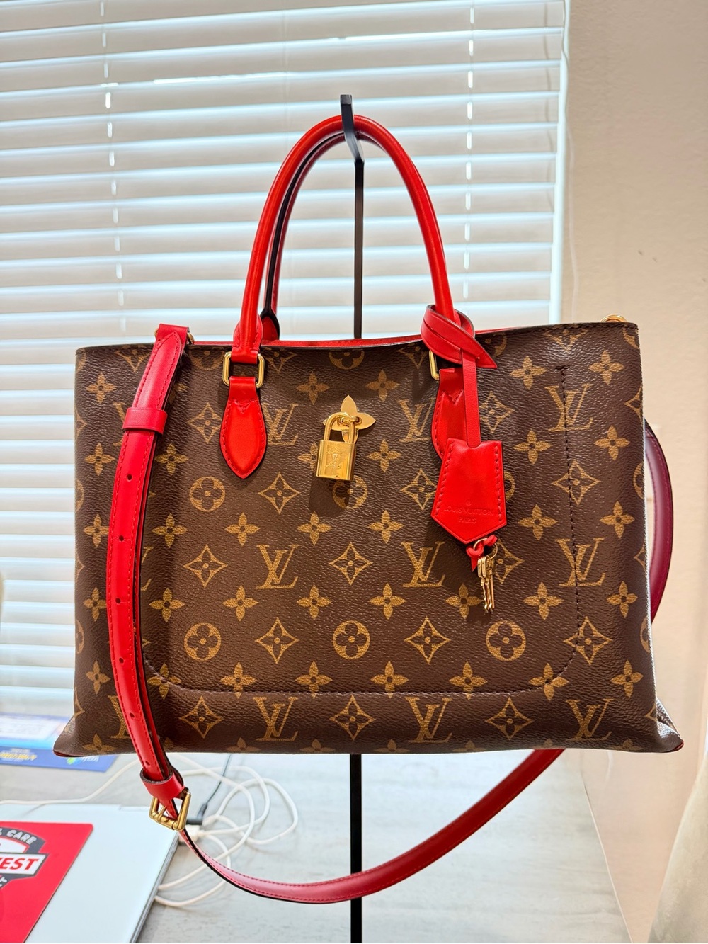 Louis Vuitton Monogram Tote with Red Leather Trim and Gold Hardware